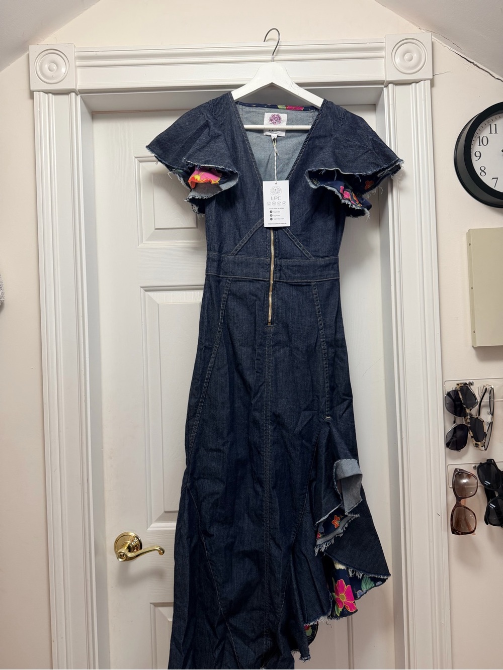 Dark Denim Maxi Dress with Floral Trim